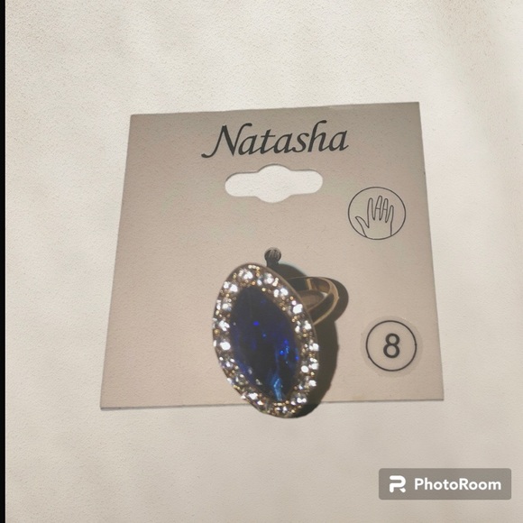 Natasha Ring Size 8 Sapphire Blue Color Stone w/ white Rhinestones surround NEW - Picture 8 of 8